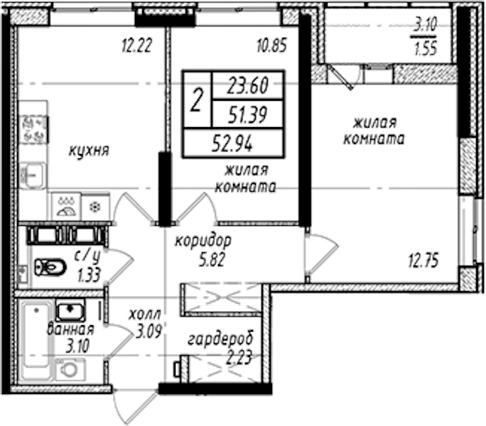 2-комнатная квартира 52.94 м², 2/16 эт., ЖК «Северная Долина»